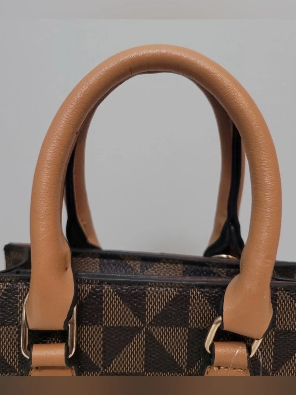 Structured Brown Geometric Triangle Mini Satchel Crossbody Bag with Tan Handles